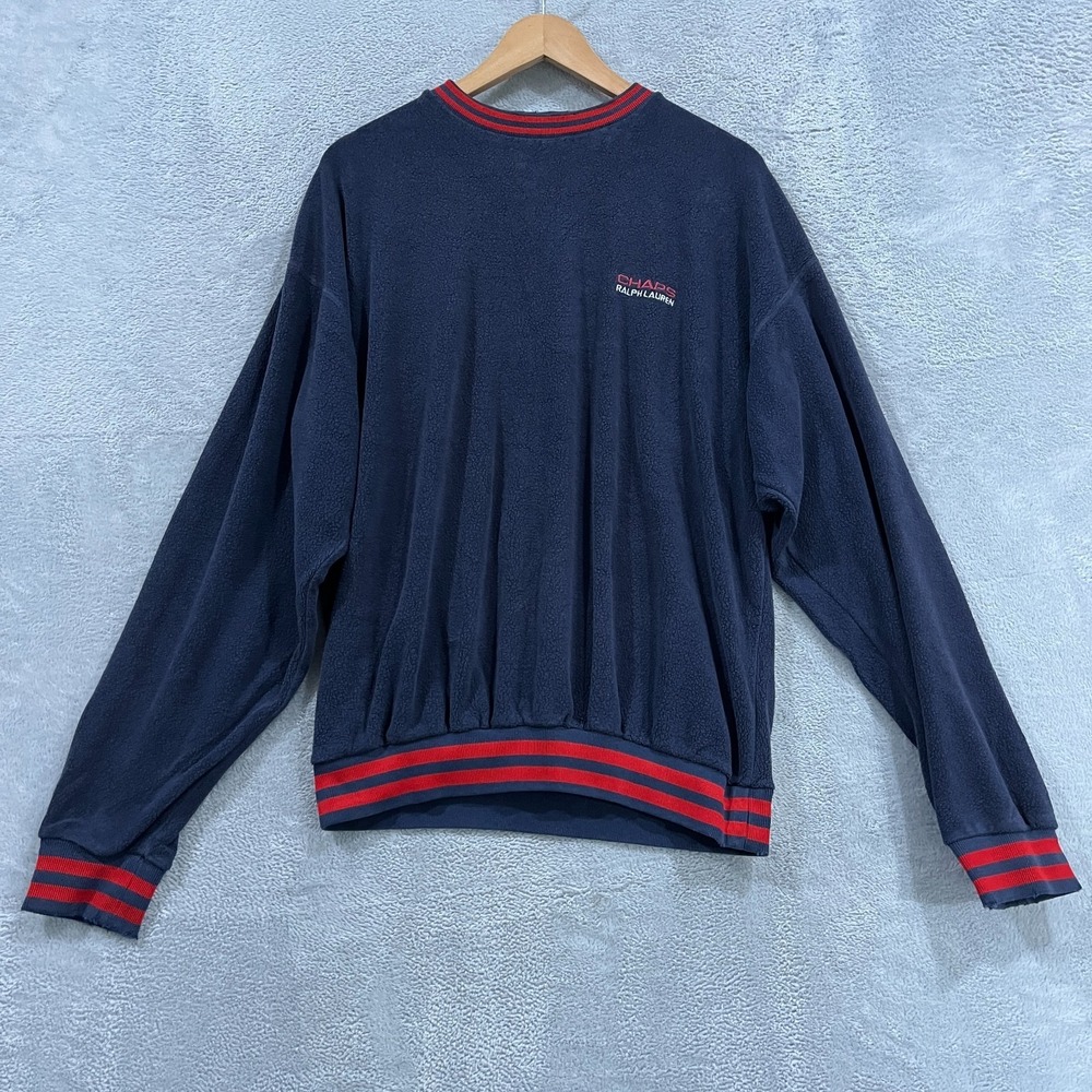 Vintage Chaps Ralph Lauren Sweater Men Medium Navy Fleece Long Sleeve Pullover